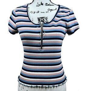Belle Du Jour blue striped top  women 3/4 front zipper short sleeve size M y2k